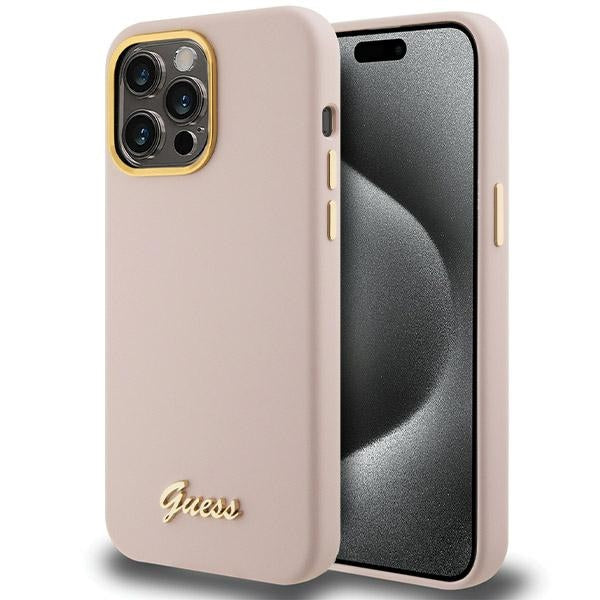 GUESS Handy Hülle Case Silicone Script Metal Logo & Rahmen für iPhone 15 Pro Max Pink