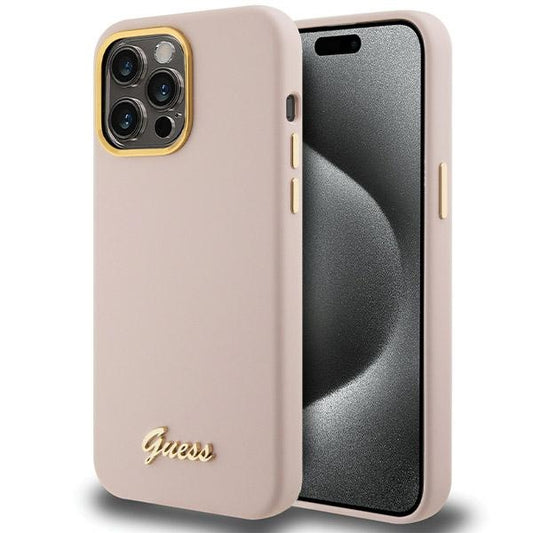GUESS Handy Hülle Case Silicone Script Metal Logo & Rahmen für iPhone 15 Pro Max Pink