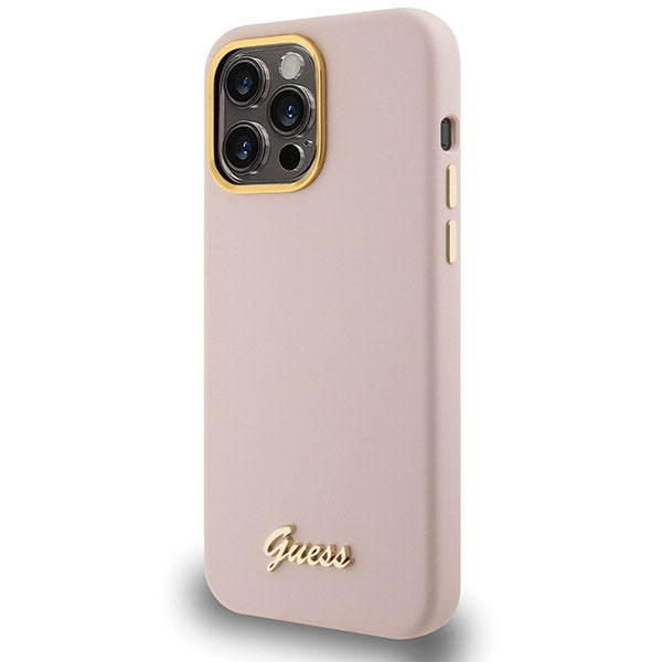 GUESS Handy Hülle Case Silicone Script Metal Logo & Rahmen für iPhone 15 Pro Max Pink