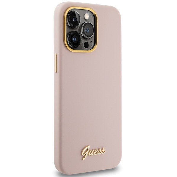 GUESS Handy Hülle Case Silicone Script Metal Logo & Rahmen für iPhone 15 Pro Max Pink