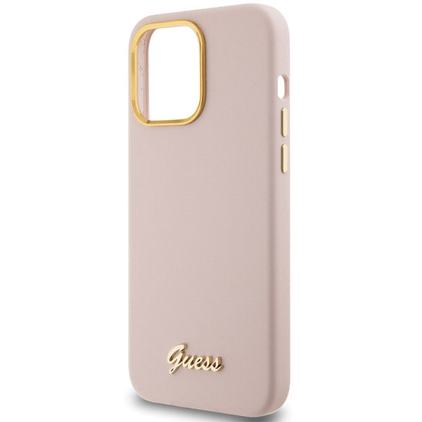 GUESS Handy Hülle Case Silicone Script Metal Logo & Rahmen für iPhone 15 Pro Max Pink