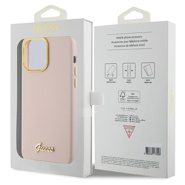 GUESS Handy Hülle Case Silicone Script Metal Logo & Rahmen für iPhone 15 Pro Max Pink