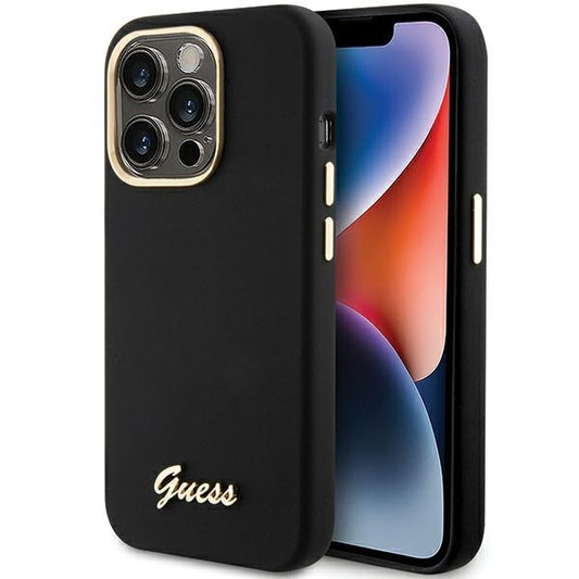 GUESS Handy Hülle Case Silicone Script Metal Logo & Rahmen für iPhone 15 Pro Max Schwarz