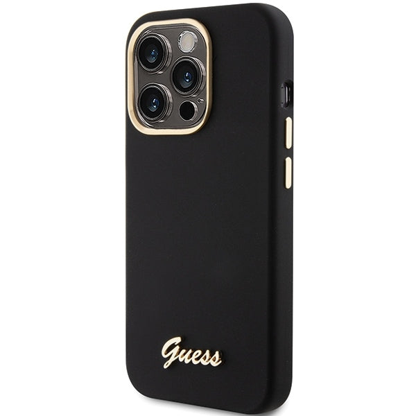GUESS Handy Hülle Case Silicone Script Metal Logo & Frame für iPhone 15 Pro Schwarz