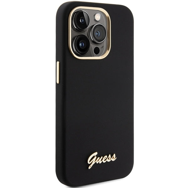 GUESS Handy Hülle Case Silicone Script Metal Logo & Frame für iPhone 15 Pro Schwarz