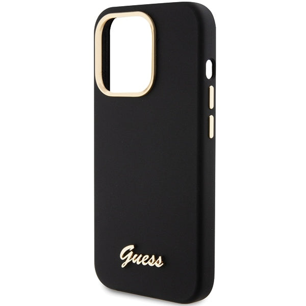 GUESS Handy Hülle Case Silicone Script Metal Logo & Rahmen für iPhone 15 Pro Max Schwarz