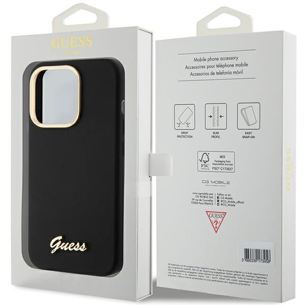 GUESS Handy Hülle Case Silicone Script Metal Logo & Frame für iPhone 15 Pro Schwarz