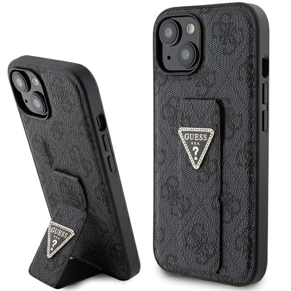 GUESS Handy Hülle Case für iPhone 13 / 14 / 15 4G Dreieck Strass Logo mit Griff Stand Schwarz