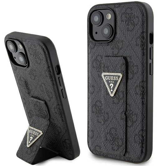 GUESS Handy Hülle Case für iPhone 13 / 14 / 15 4G Dreieck Strass Logo mit Griff Stand Schwarz