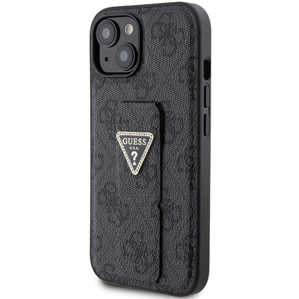 GUESS Handy Hülle Case für iPhone 13 / 14 / 15 4G Dreieck Strass Logo mit Griff Stand Schwarz