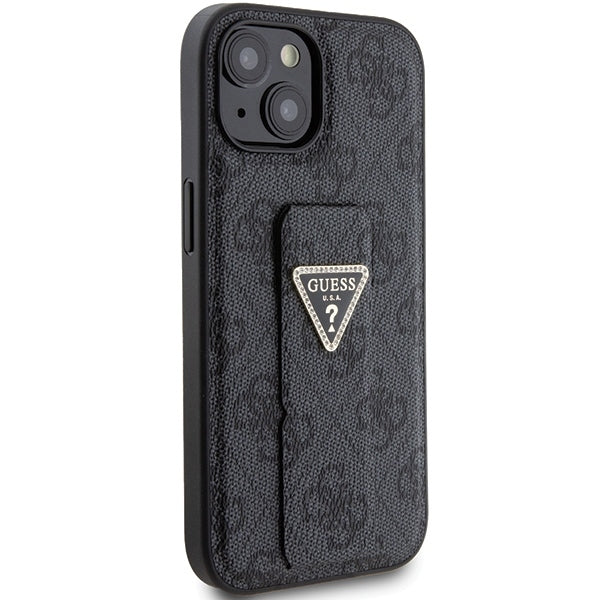 GUESS Handy Hülle Case für iPhone 13 / 14 / 15 4G Dreieck Strass Logo mit Griff Stand Schwarz