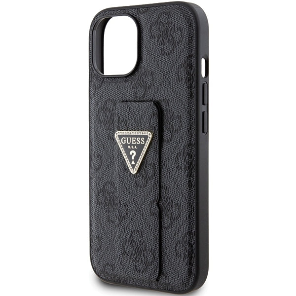 GUESS Handy Hülle Case für iPhone 13 / 14 / 15 4G Dreieck Strass Logo mit Griff Stand Schwarz
