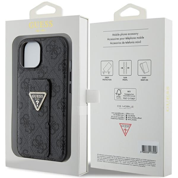 GUESS Handy Hülle Case für iPhone 13 / 14 / 15 4G Dreieck Strass Logo mit Griff Stand Schwarz