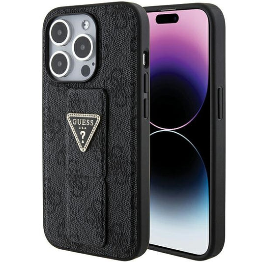 GUESS Handy Hülle Case für iPhone 15 Pro 4G Dreieck Strass Logo mit Griff Stand Schwarz