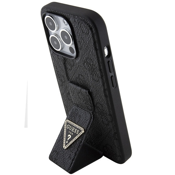 GUESS Handy Hülle Case für iPhone 15 Pro 4G Dreieck Strass Logo mit Griff Stand Schwarz