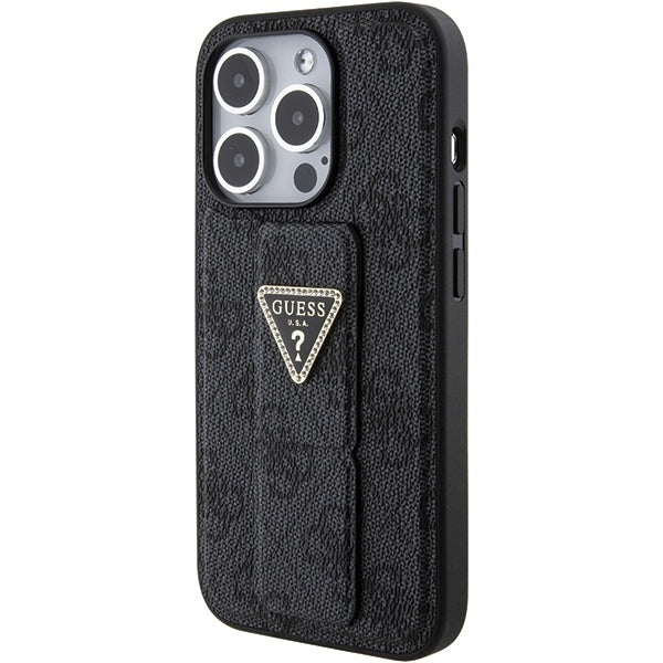 GUESS Handy Hülle Case für iPhone 15 Pro 4G Dreieck Strass Logo mit Griff Stand Schwarz