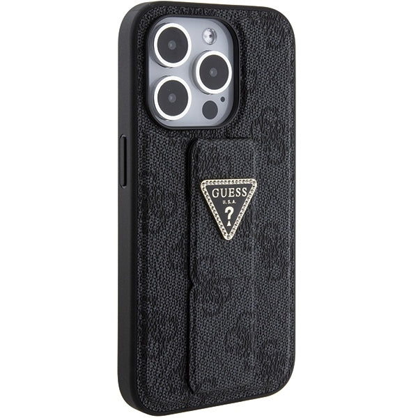 GUESS Handy Hülle Case für iPhone 15 Pro 4G Dreieck Strass Logo mit Griff Stand Schwarz