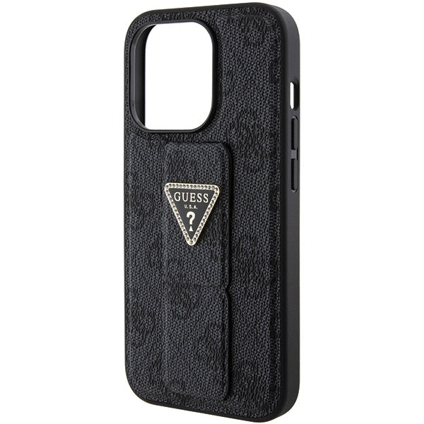 GUESS Handy Hülle Case für iPhone 15 Pro 4G Dreieck Strass Logo mit Griff Stand Schwarz