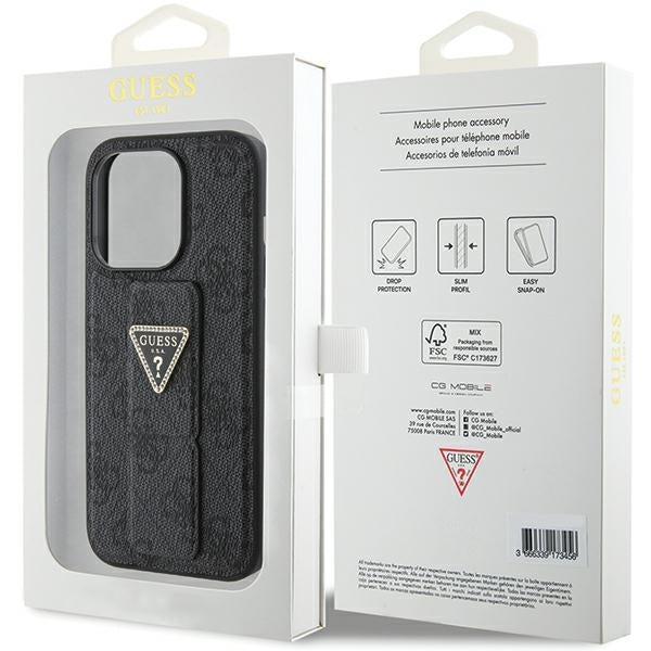 GUESS Handy Hülle Case für iPhone 15 Pro 4G Dreieck Strass Logo mit Griff Stand Schwarz
