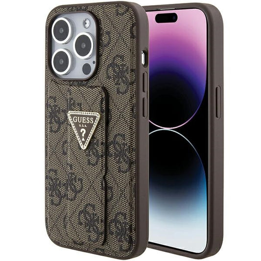 GUESS Handy Hülle Case für iPhone 15 Pro Max 4G Dreieck Strass Logo mit Griff Stand Braun