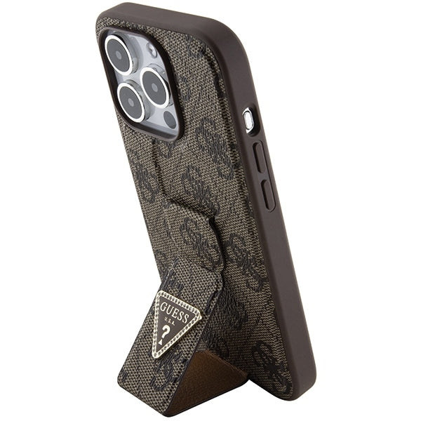 GUESS Handy Hülle Case für iPhone 15 Pro Max 4G Dreieck Strass Logo mit Griff Stand Braun