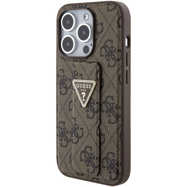 GUESS Handy Hülle Case für iPhone 15 Pro Max 4G Dreieck Strass Logo mit Griff Stand Braun