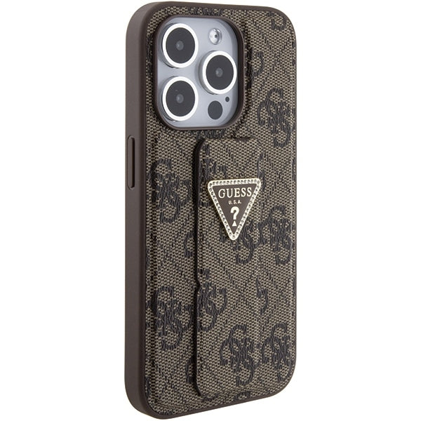 GUESS Handy Hülle Case für iPhone 15 Pro Max 4G Dreieck Strass Logo mit Griff Stand Braun