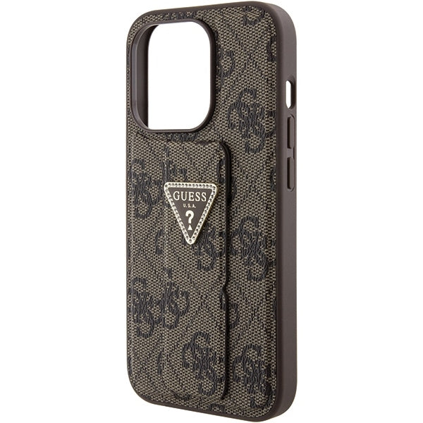 GUESS Handy Hülle Case für iPhone 15 Pro Max 4G Dreieck Strass Logo mit Griff Stand Braun
