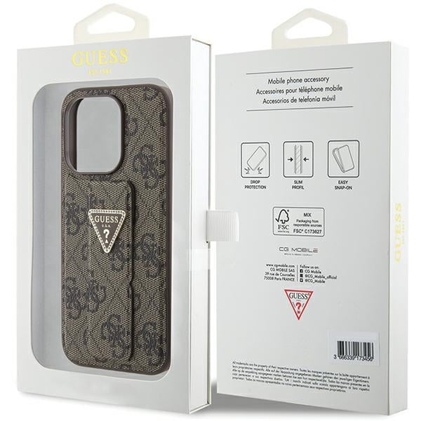GUESS Handy Hülle Case für iPhone 15 Pro Max 4G Dreieck Strass Logo mit Griff Stand Braun