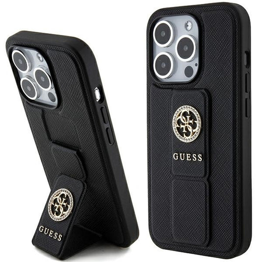 GUESS Handy Hülle Case für iPhone 15 Pro 4G Saffiano Strass Logo mit Griff Stand Schwarz