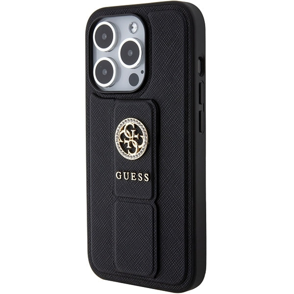 GUESS Handy Hülle Case für iPhone 15 Pro 4G Saffiano Strass Logo mit Griff Stand Schwarz