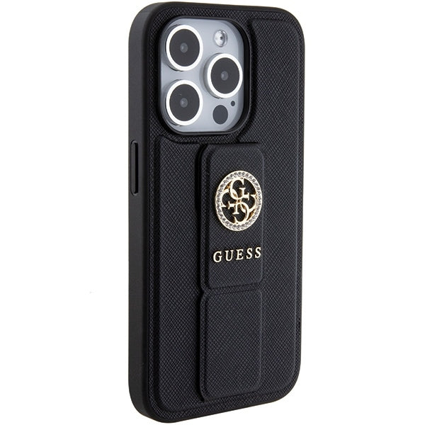 GUESS Handy Hülle Case für iPhone 15 Pro 4G Saffiano Strass Logo mit Griff Stand Schwarz