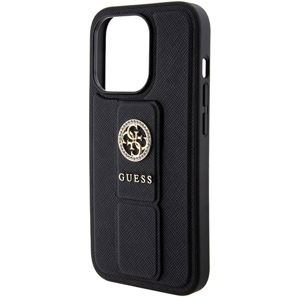 GUESS Handy Hülle Case für iPhone 15 Pro 4G Saffiano Strass Logo mit Griff Stand Schwarz