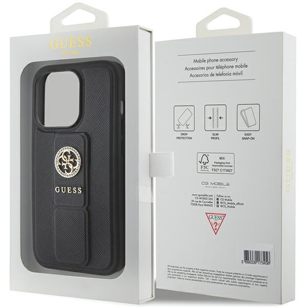 GUESS Handy Hülle Case für iPhone 15 Pro 4G Saffiano Strass Logo mit Griff Stand Schwarz