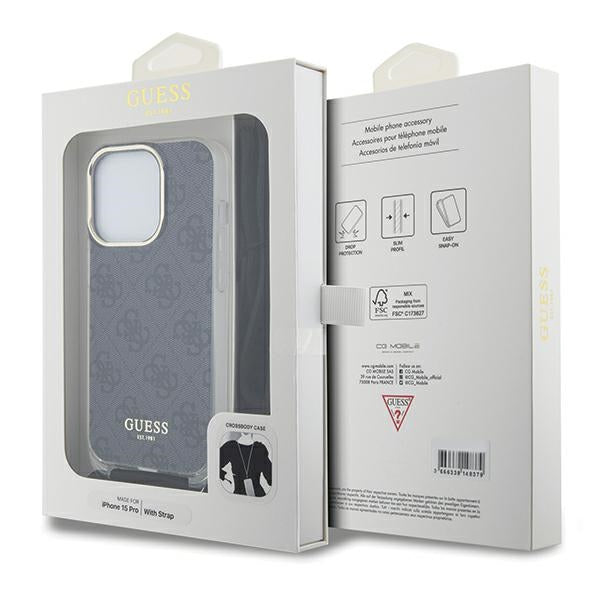 GUESS Crossbody Cord Handy Hülle Case 4G Logo für iPhone 15 Pro Max Schwarz