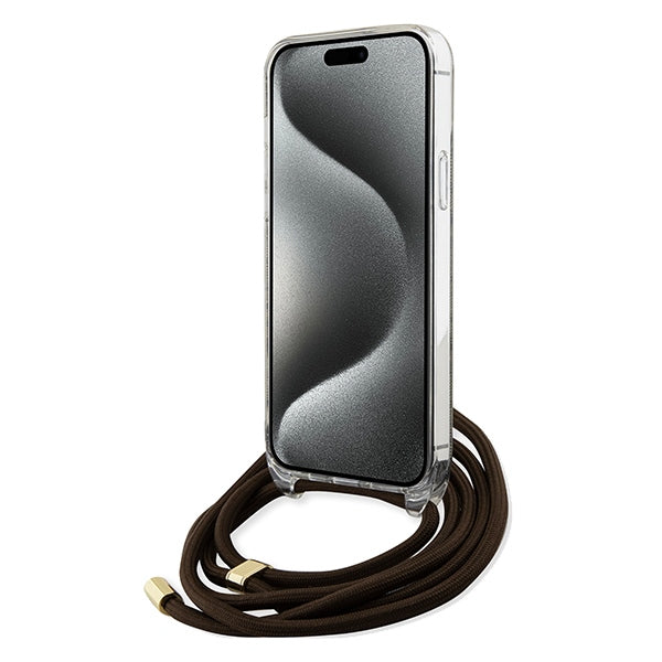 GUESS Crossbody Cord Handy Hülle Case 4G Logo für iPhone 15 Pro Max Braun