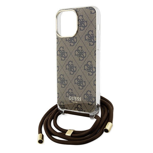 GUESS Crossbody Cord Handy Hülle Case 4G Logo für iPhone 15 Pro Braun