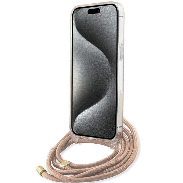 GUESS Crossbody Cord Handy Hülle Case 4G Logo für iPhone 15 Pro Pink