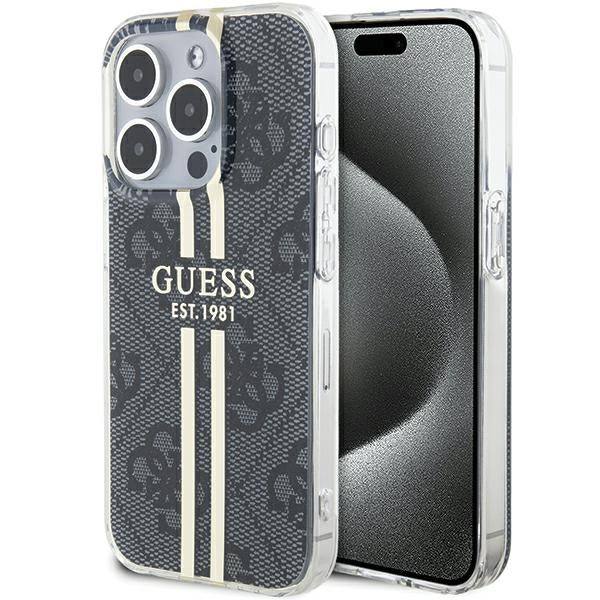 GUESS Handy Hülle Case für iPhone 15 Pro IML 4G Gold Stripe Schwarz
