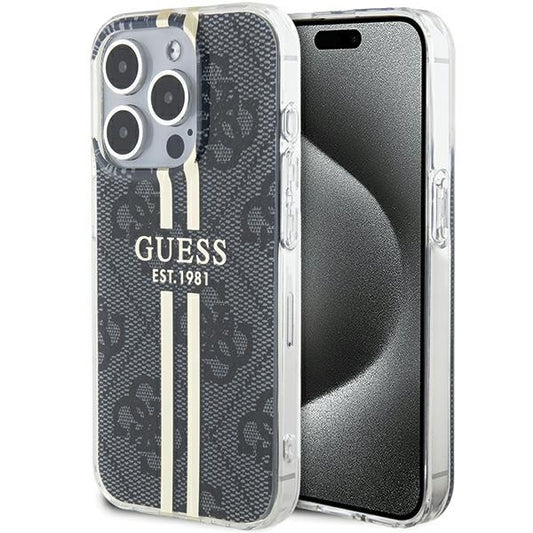 GUESS Handy Hülle Case für iPhone 15 Pro IML 4G Gold Stripe Schwarz