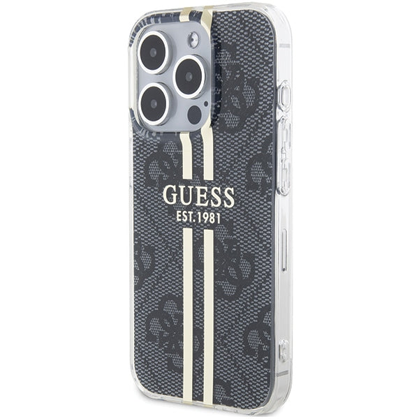 GUESS Handy Hülle Case für iPhone 15 Pro IML 4G Gold Stripe Schwarz