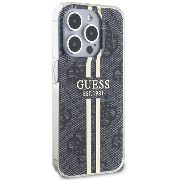 GUESS Handy Hülle Case für iPhone 15 Pro IML 4G Gold Stripe Schwarz