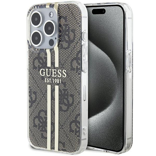 GUESS Handy Hülle Case für iPhone 15 Pro Max IML 4G Gold Stripe Braun