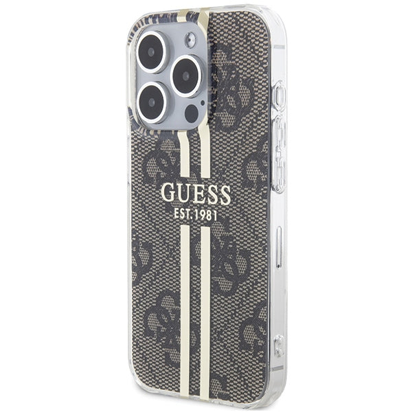 GUESS Handy Hülle Case für iPhone 15 Pro Max IML 4G Gold Stripe Braun