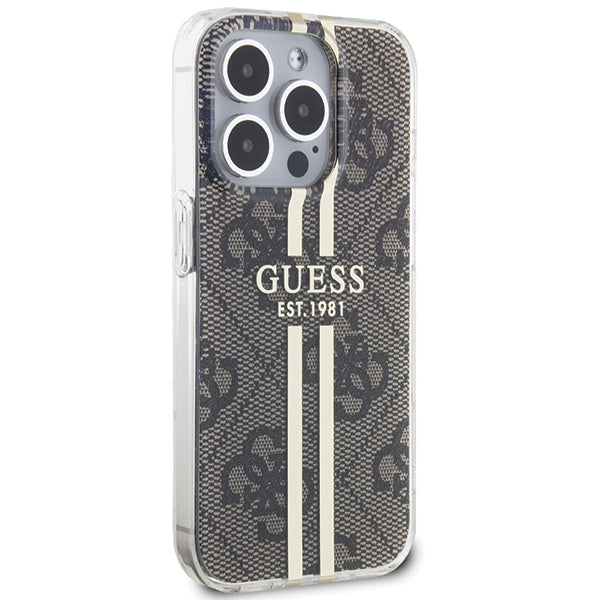 GUESS Handy Hülle Case für iPhone 15 Pro Max IML 4G Gold Stripe Braun