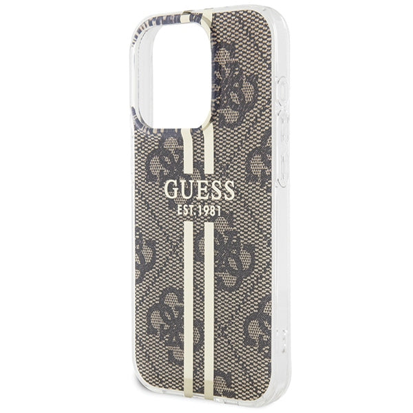 GUESS Handy Hülle Case für iPhone 15 Pro Max IML 4G Gold Stripe Braun