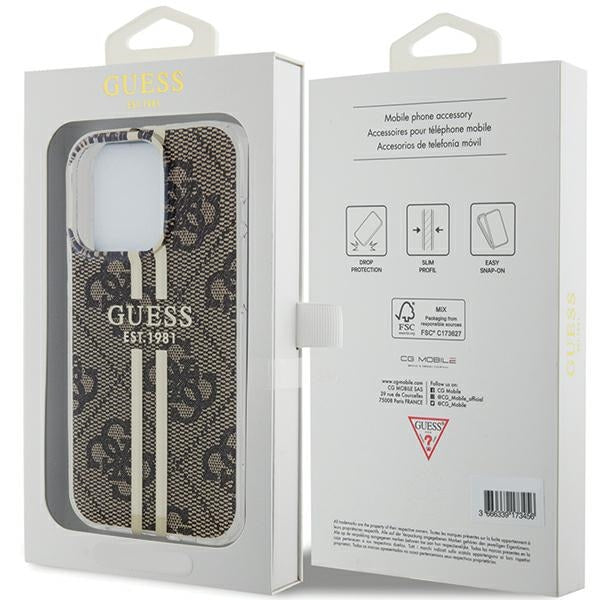 GUESS Handy Hülle Case für iPhone 15 Pro Max IML 4G Gold Stripe Braun