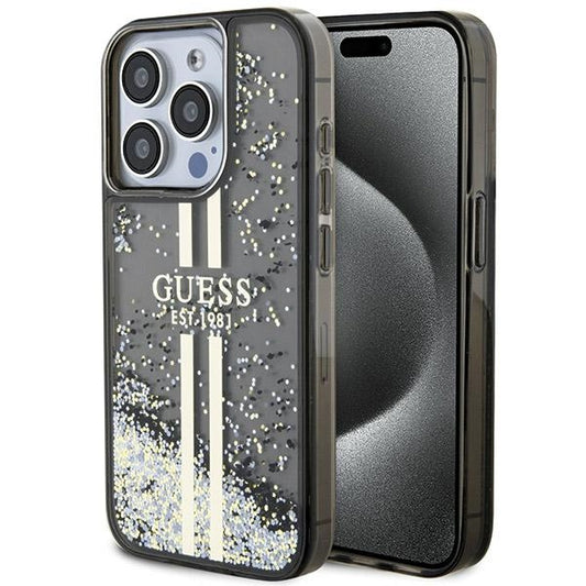 GUESS Handy Hülle Case für iPhone 15 Pro Max Liquid Glitzer 4G Transparent Gold Stripe Schwarz