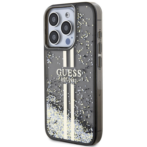 GUESS Handy Hülle Case für iPhone 15 Pro Liquid Glitzer 4G Transparent Gold Stripe Schwarz