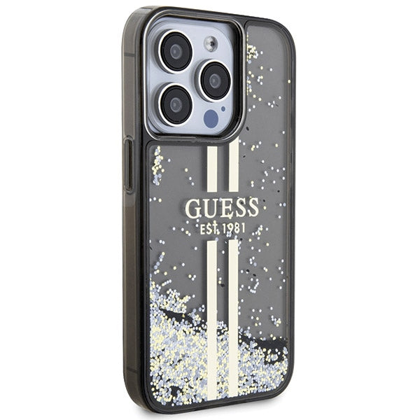 GUESS Handy Hülle Case für iPhone 15 Pro Max Liquid Glitzer 4G Transparent Gold Stripe Schwarz